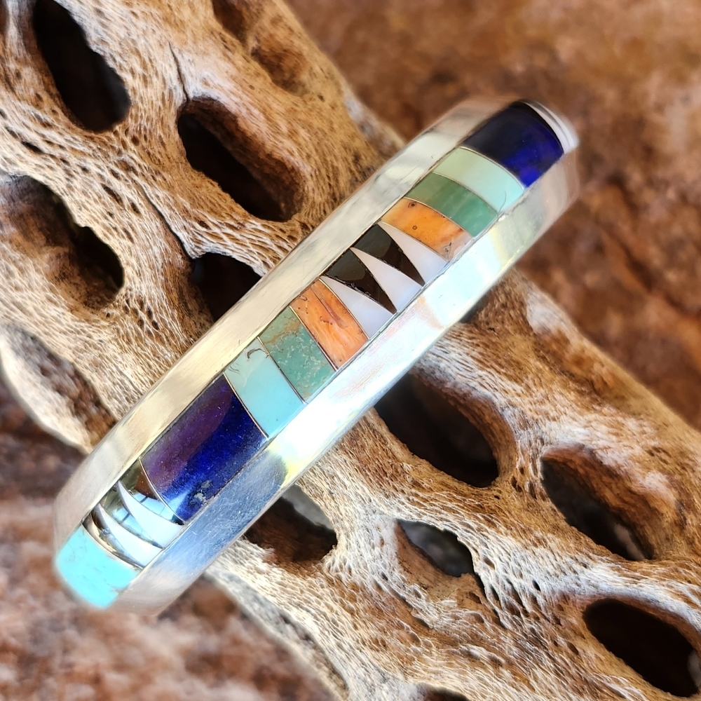 Sterling Silver Multi Gemstone Inlaid Cuff BRACELET